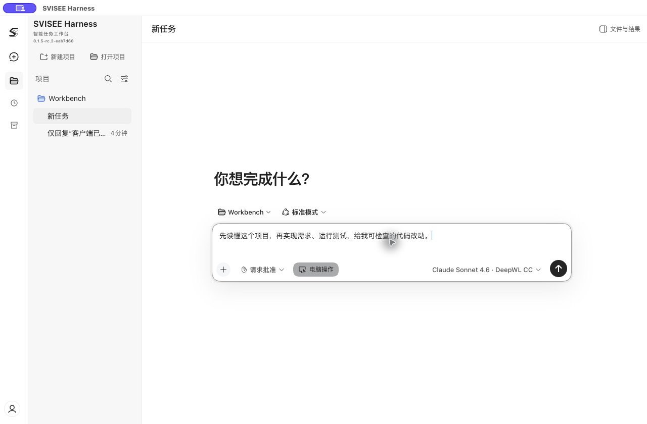 SVISEE Harness 真实客户端:左侧管理项目和任务,中间输入编程需求,底部选择模型和访问权限